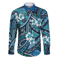 Polynesian Hibiscus Tropical Blue Floral Family Matching Long Sleeve Bodycon Dress and Hawaiian Shirt Tribal Pattern - Polynesian Pride