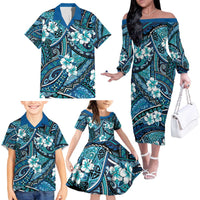 Polynesian Hibiscus Tropical Blue Floral Family Matching Off The Shoulder Long Sleeve Dress and Hawaiian Shirt Tribal Pattern - Polynesian Pride