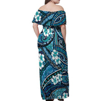 Polynesian Hibiscus Tropical Blue Floral Family Matching Off Shoulder Maxi Dress and Hawaiian Shirt Tribal Pattern - Polynesian Pride