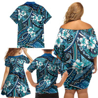 Polynesian Hibiscus Tropical Blue Floral Family Matching Off Shoulder Short Dress and Hawaiian Shirt Tribal Pattern - Polynesian Pride