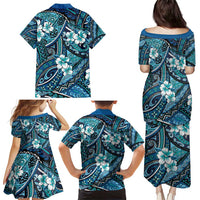 Polynesian Hibiscus Tropical Blue Floral Family Matching Puletasi and Hawaiian Shirt Tribal Pattern - Polynesian Pride