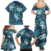 Polynesian Hibiscus Tropical Blue Floral Family Matching Summer Maxi Dress and Hawaiian Shirt Tribal Pattern - Polynesian Pride