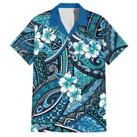 Polynesian Hibiscus Tropical Blue Floral Hawaiian Shirt Tribal Pattern - Polynesian Pride