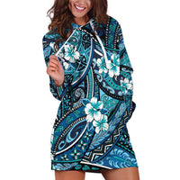 Polynesian Hibiscus Tropical Blue Floral Hoodie Dress Tribal Pattern - Polynesian Pride