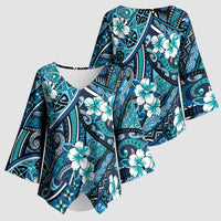 Polynesian Hibiscus Tropical Blue Floral Kimono Sleeve Blouse Tribal Pattern - Polynesian Pride