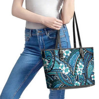 Polynesian Hibiscus Tropical Blue Floral Leather Tote Bag Tribal Pattern - Polynesian Pride