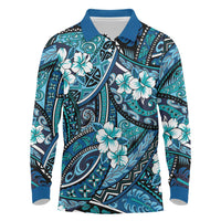 Polynesian Hibiscus Tropical Blue Floral Long Sleeve Polo Shirt Tribal Pattern - Polynesian Pride