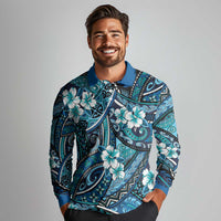 Polynesian Hibiscus Tropical Blue Floral Long Sleeve Polo Shirt Tribal Pattern - Polynesian Pride