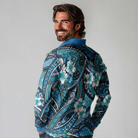 Polynesian Hibiscus Tropical Blue Floral Long Sleeve Polo Shirt Tribal Pattern - Polynesian Pride