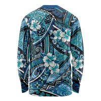 Polynesian Hibiscus Tropical Blue Floral Long Sleeve Shirt Tribal Pattern - Polynesian Pride