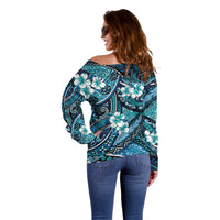 Polynesian Hibiscus Tropical Blue Floral Off Shoulder Sweater Tribal Pattern - Polynesian Pride