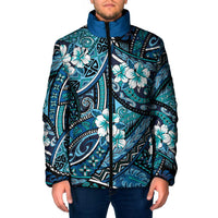 Polynesian Hibiscus Tropical Blue Floral Padded Jacket Tribal Pattern - Polynesian Pride