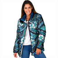 Polynesian Hibiscus Tropical Blue Floral Padded Jacket Tribal Pattern - Polynesian Pride