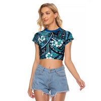 Polynesian Hibiscus Tropical Blue Floral Raglan Cropped T Shirt Tribal Pattern - Polynesian Pride