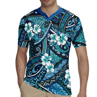 Polynesian Hibiscus Tropical Blue Floral Rugby Jersey Tribal Pattern - Polynesian Pride