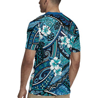 Polynesian Hibiscus Tropical Blue Floral Rugby Jersey Tribal Pattern - Polynesian Pride