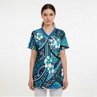 Polynesian Hibiscus Tropical Blue Floral Scrub Top Tribal Pattern - Polynesian Pride