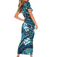Polynesian Hibiscus Tropical Blue Floral Short Sleeve Bodycon Dress Tribal Pattern - Polynesian Pride