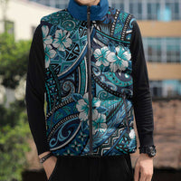 Polynesian Hibiscus Tropical Blue Floral Sleeveless Puffer Jacket Tribal Pattern - Polynesian Pride