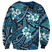 Polynesian Hibiscus Tropical Blue Floral Sweatshirt Tribal Pattern - Polynesian Pride