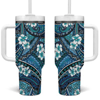 Polynesian Hibiscus Tropical Blue Floral Tumbler With Handle Tribal Pattern - Polynesian Pride