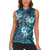 Polynesian Hibiscus Tropical Blue Floral Women Sleeveless Polo Shirt Tribal Pattern - Polynesian Pride