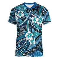 Polynesian Hibiscus Tropical Blue Floral Women V-Neck T-Shirt Tribal Pattern - Polynesian Pride