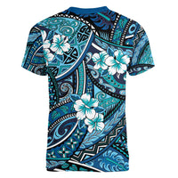 Polynesian Hibiscus Tropical Blue Floral Women V-Neck T-Shirt Tribal Pattern - Polynesian Pride