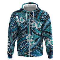 Polynesian Hibiscus Tropical Blue Floral Zip Hoodie Tribal Pattern - Polynesian Pride