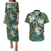 Polynesian Hibiscus Tropical Green Floral Couples Matching Puletasi and Hawaiian Shirt Tribal Pattern - Polynesian Pride