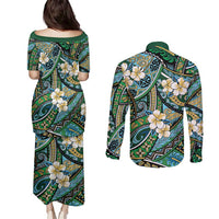 Polynesian Hibiscus Tropical Green Floral Couples Matching Puletasi and Long Sleeve Button Shirt Tribal Pattern - Polynesian Pride