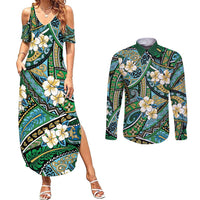 Polynesian Hibiscus Tropical Green Floral Couples Matching Summer Maxi Dress and Long Sleeve Button Shirt Tribal Pattern - Polynesian Pride