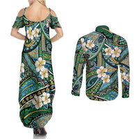 Polynesian Hibiscus Tropical Green Floral Couples Matching Summer Maxi Dress and Long Sleeve Button Shirt Tribal Pattern - Polynesian Pride