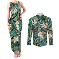 Polynesian Hibiscus Tropical Green Floral Couples Matching Tank Maxi Dress and Long Sleeve Button Shirt Tribal Pattern - Polynesian Pride