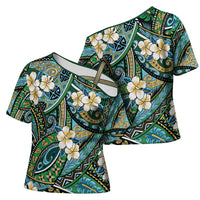 Polynesian Hibiscus Tropical Green Floral Cross Shoulder Shirt Tribal Pattern - Polynesian Pride