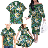 Polynesian Hibiscus Tropical Green Floral Family Matching Off The Shoulder Long Sleeve Dress and Hawaiian Shirt Tribal Pattern - Polynesian Pride