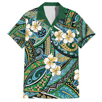 Polynesian Hibiscus Tropical Green Floral Family Matching Off The Shoulder Long Sleeve Dress and Hawaiian Shirt Tribal Pattern - Polynesian Pride