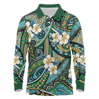 Polynesian Hibiscus Tropical Green Floral Long Sleeve Polo Shirt Tribal Pattern - Polynesian Pride