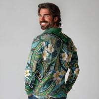 Polynesian Hibiscus Tropical Green Floral Long Sleeve Polo Shirt Tribal Pattern - Polynesian Pride