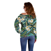Polynesian Hibiscus Tropical Green Floral Off Shoulder Sweater Tribal Pattern - Polynesian Pride