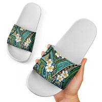 Polynesian Hibiscus Tropical Green Floral Slide Sandals Tribal Pattern - Polynesian Pride