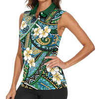 Polynesian Hibiscus Tropical Green Floral Women Sleeveless Polo Shirt Tribal Pattern - Polynesian Pride