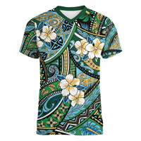 Polynesian Hibiscus Tropical Green Floral Women V-Neck T-Shirt Tribal Pattern - Polynesian Pride