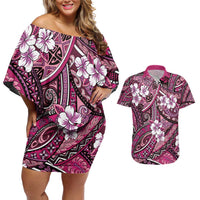 Polynesian Hibiscus Tropical Pink Floral Couples Matching Off Shoulder Short Dress and Hawaiian Shirt Tribal Pattern - Polynesian Pride