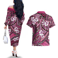 Polynesian Hibiscus Tropical Pink Floral Couples Matching Off The Shoulder Long Sleeve Dress and Hawaiian Shirt Tribal Pattern - Polynesian Pride
