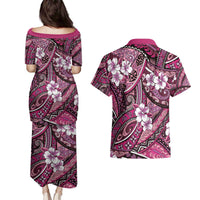 Polynesian Hibiscus Tropical Pink Floral Couples Matching Puletasi and Hawaiian Shirt Tribal Pattern - Polynesian Pride