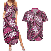 Polynesian Hibiscus Tropical Pink Floral Couples Matching Summer Maxi Dress and Hawaiian Shirt Tribal Pattern - Polynesian Pride