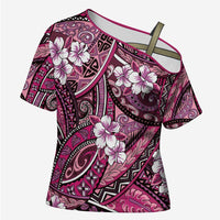 Polynesian Hibiscus Tropical Pink Floral Cross Shoulder Shirt Tribal Pattern - Polynesian Pride