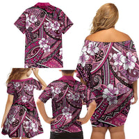 Polynesian Hibiscus Tropical Pink Floral Family Matching Off Shoulder Short Dress and Hawaiian Shirt Tribal Pattern - Polynesian Pride