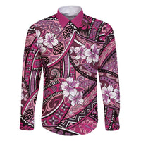 Polynesian Hibiscus Tropical Pink Floral Family Matching Off Shoulder Short Dress and Hawaiian Shirt Tribal Pattern - Polynesian Pride